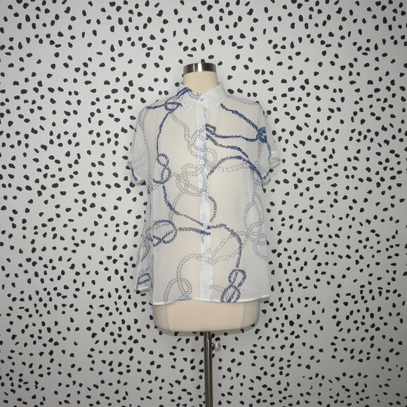Cabi White Sheer Nautical Rope Print Short Sleeve Button Up Shirt - Picture 2 of 10